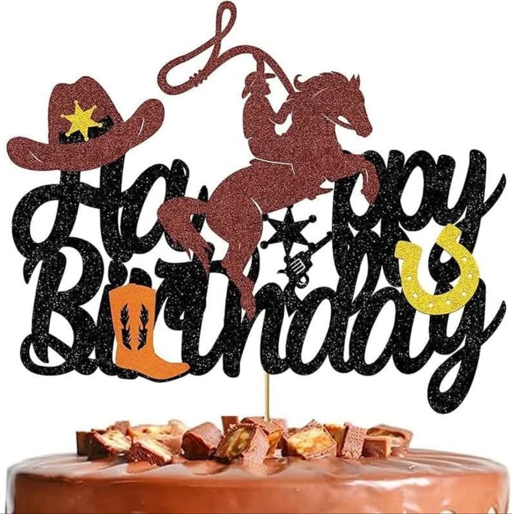 Cowboy Themed Birthday Cake Topper - Black, Brown, Yellow